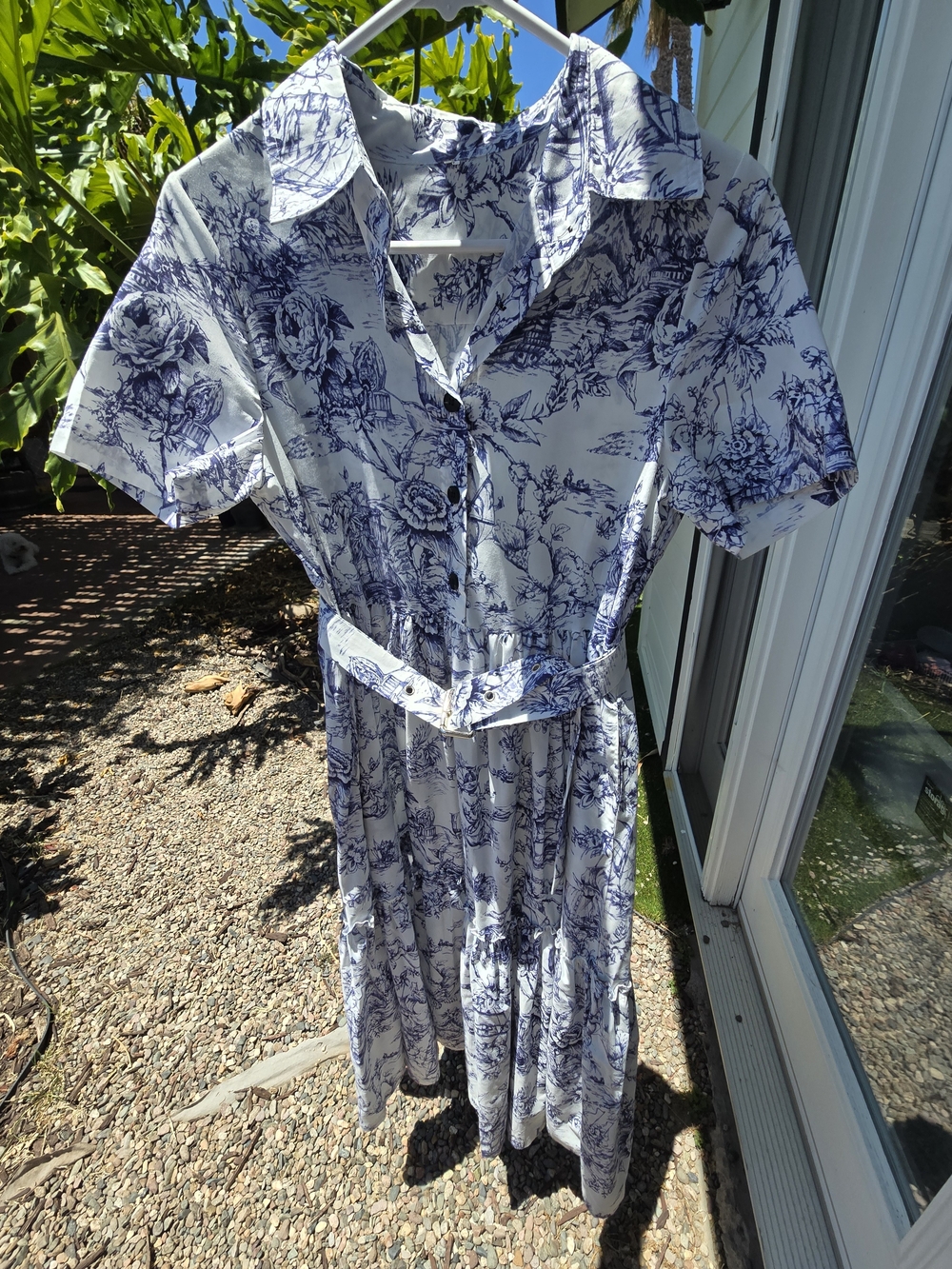 Blue Toile Button-Front Short Sleeve Dress